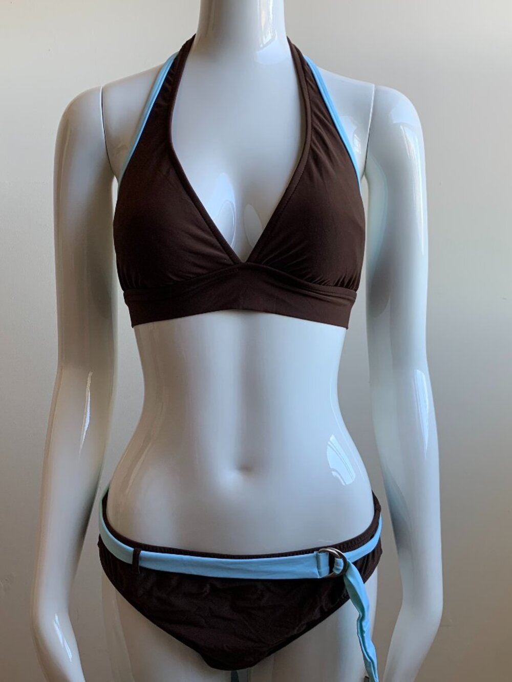 Leilani brown & aqua belted full coverage halter top bikini
